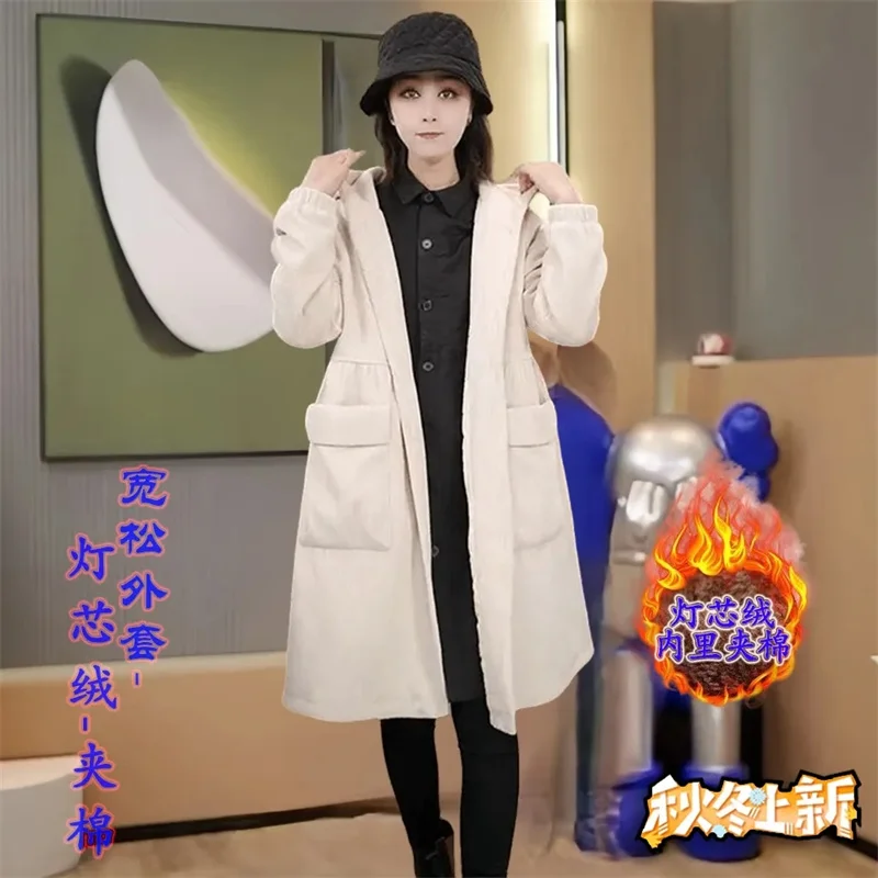 Fashion Purple Winter Coat Female 2023 New Women\'s Cotton Clip Corduroy Cotton Clothes Mid-Length Hooded High End Trench Coat