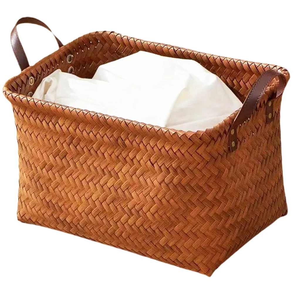 

Woven Storage Basket Rattan Style PU Handle Laundry Hamper Toy Bedroom Living Room Bathroom Closet Organizer Multipurpose