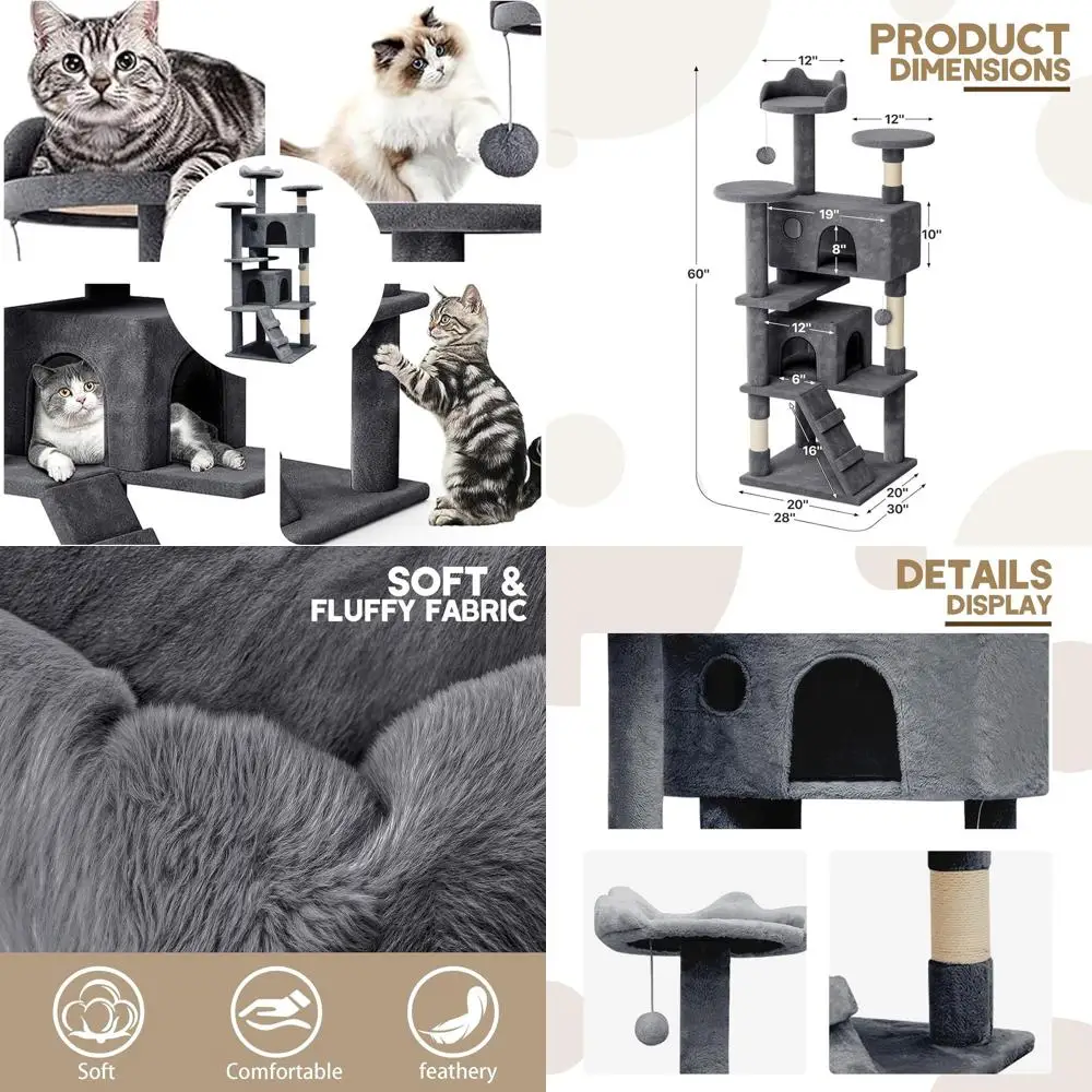 

Большой 60-сантиметровый многоуровневый кошачий домик с лежанкой, сизалевыми стойками и пандусом — универсальное решение для котят и взрослых кошек, серый цвет