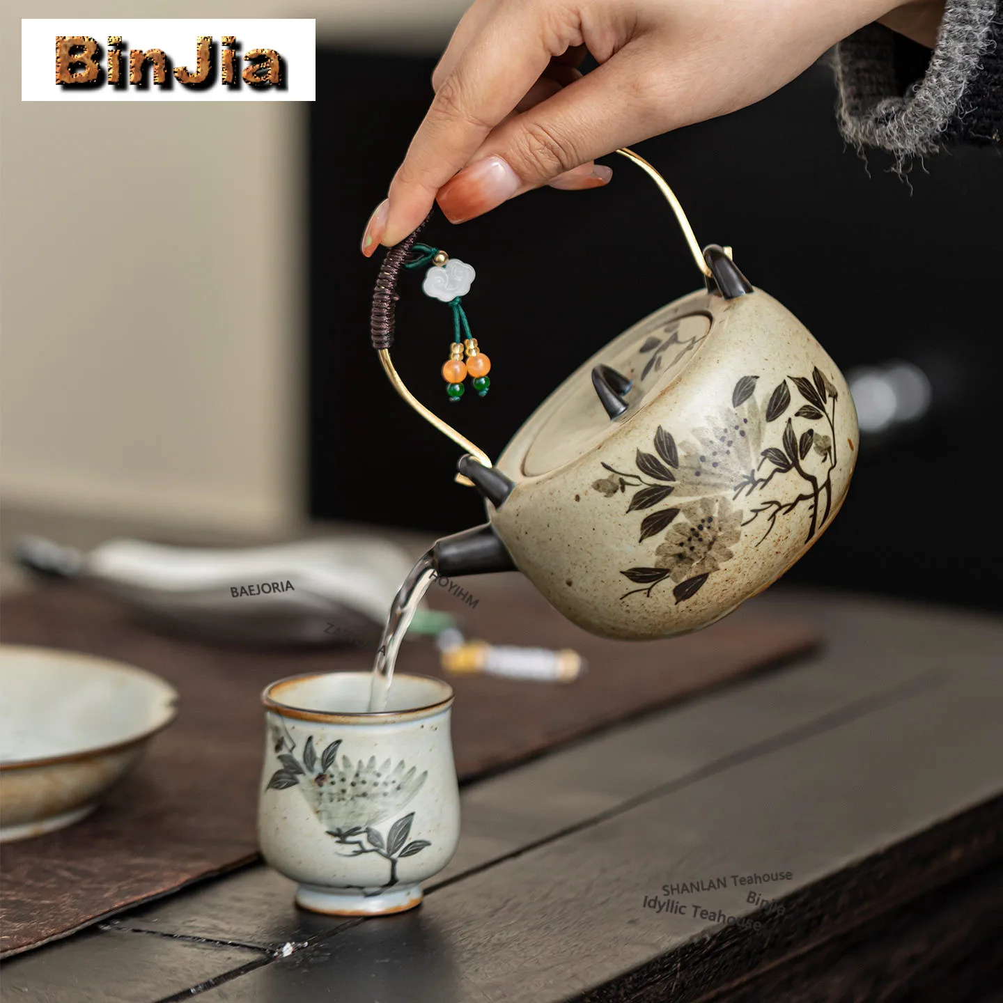 270ml Hand Drawn Peony Hoop Handle Teapot Handmade Tea Infuser Pot Tea Maker Kettle With Ball Hole For Tea Supplies Craft Gift