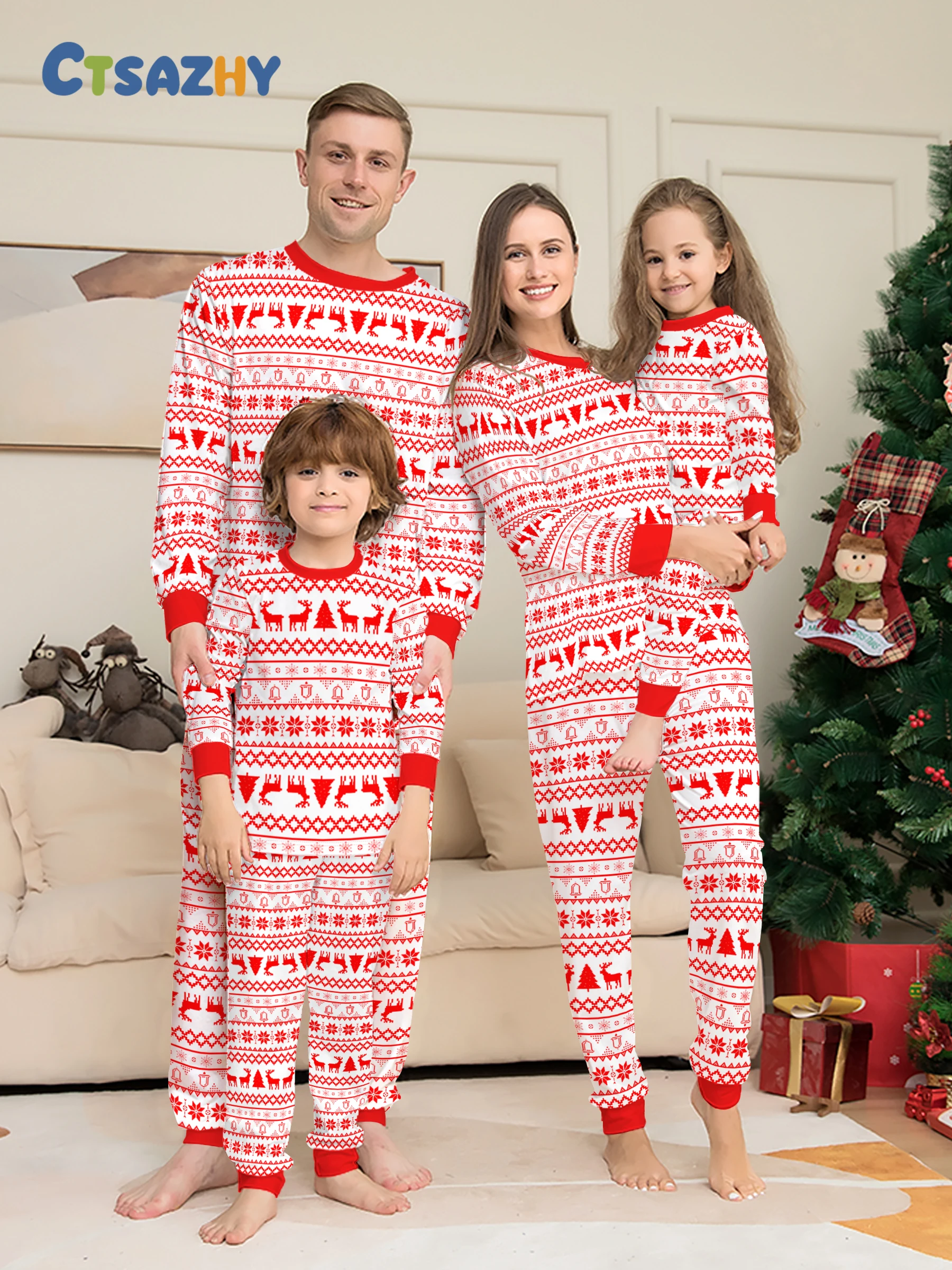 Family Christmas Pajamas Matching Parent-child Sleepwear White Red Nordic Reindeer Print Homewear Xmas Gift for Men Women Kids