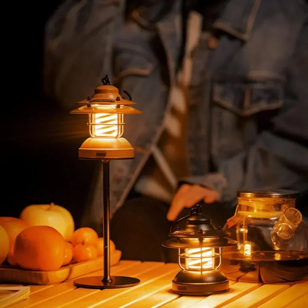 LED Camping Lantern,Mini Rechargeable Retro Warm Camp Light,Metal Vintage Portable Waterproof Hanging Lamp,Outdoor Tent Bulb