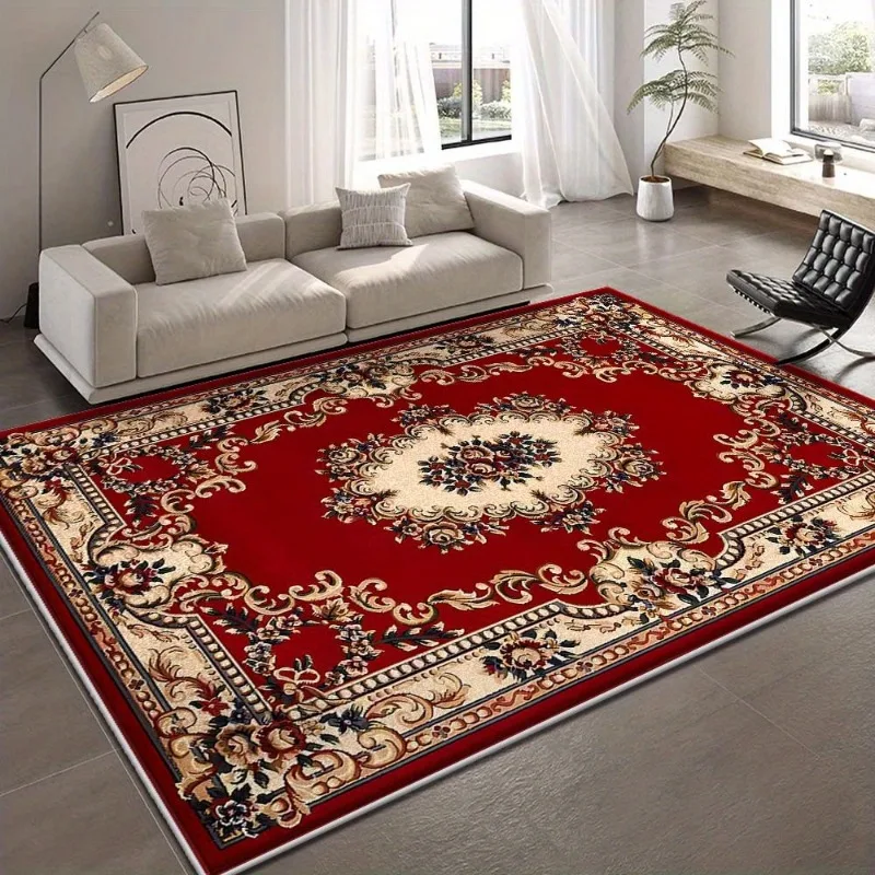 Vintage Floral Area Rug Soft Flannel Carpet Non Slip Floor Mat for Living Room Bedroom Home Decor Red Ornamental Floor Covering