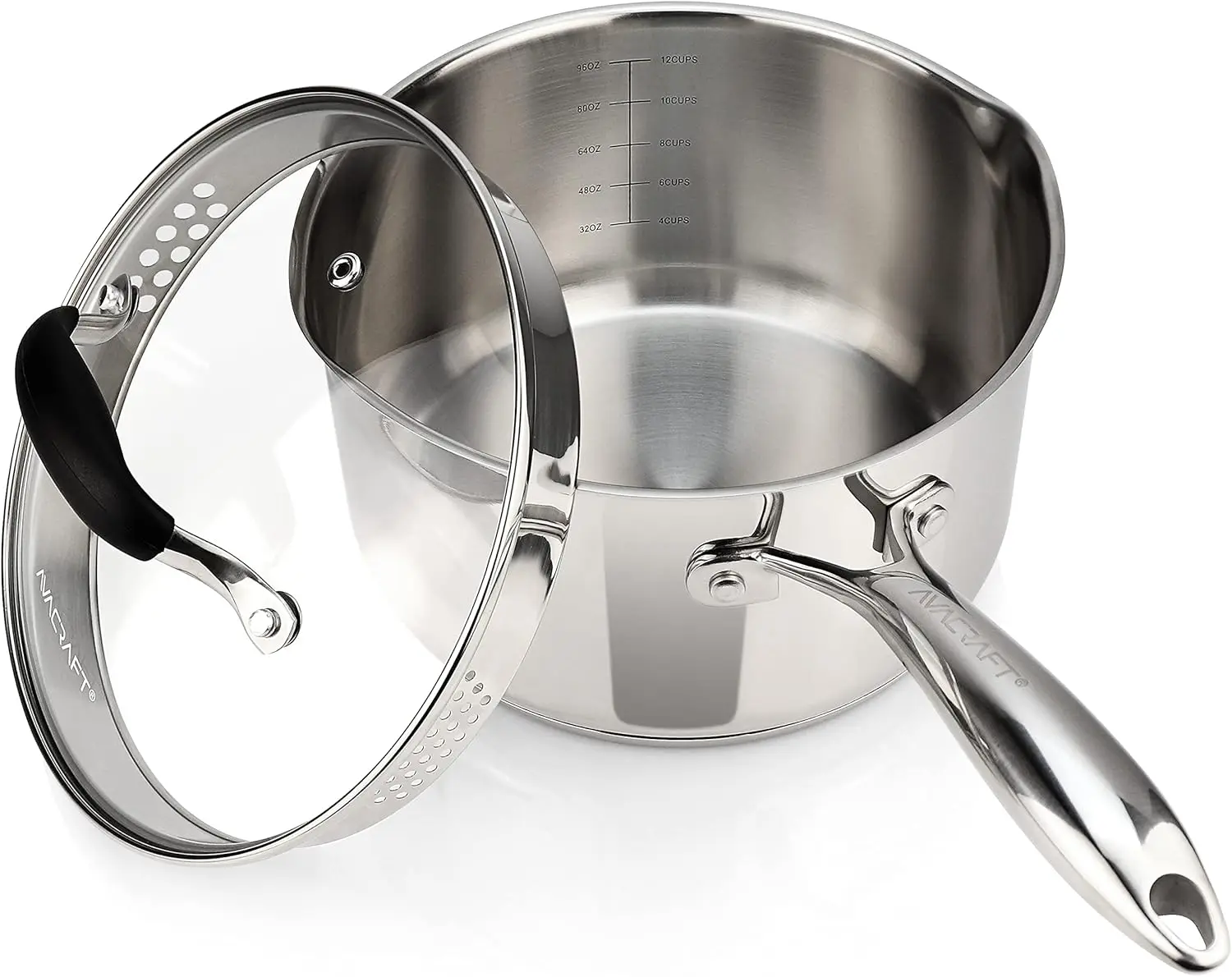 

3.5 Qt Stainless Steel Saucepan with Strainer Lid, 5-Ply Base, Easy Pour Spouts, Ergonomic Handle, Multipurpose Cooking Pot
