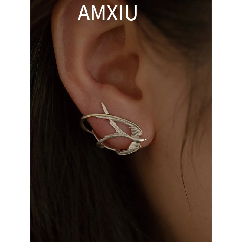 AMXIU Original Design All-Over 925 Silver Swallow Ear Cuff Earrings, High-End Designer Stud Earrings