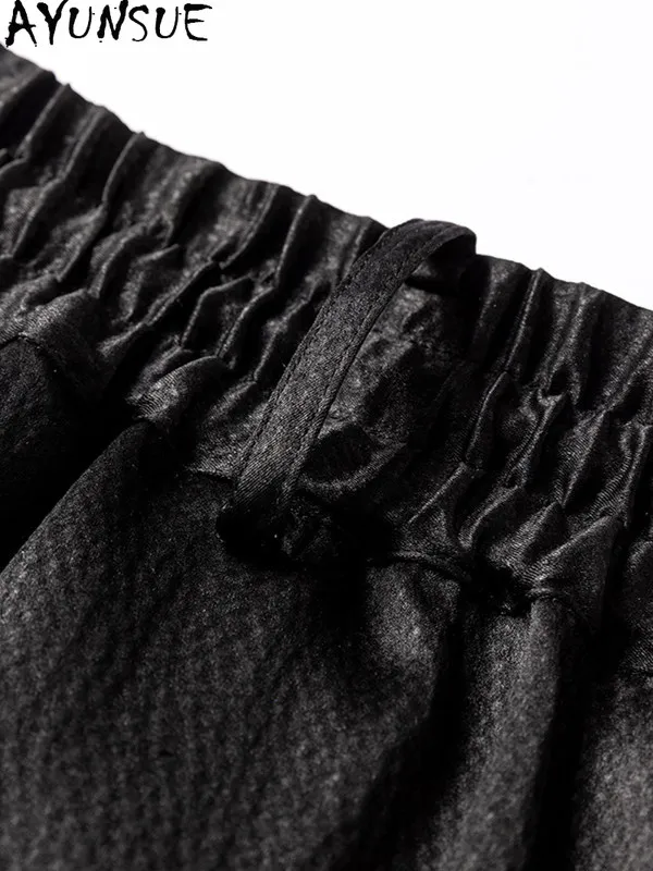 AYUNSUE 40MM 100% Real Mulberry Silk Pants Man Clothing High-end Pearl Satin Trousers Spring Summer Elastic Waist Black Pants