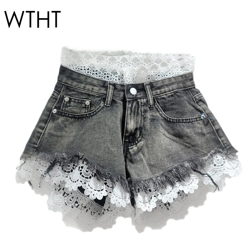 WTHT Vintage Women's Spliced Lace Edge Burr Solid Color Denim Shorts Fashion High-waisted Hot Pants Female 2025 Summer 1LS2031