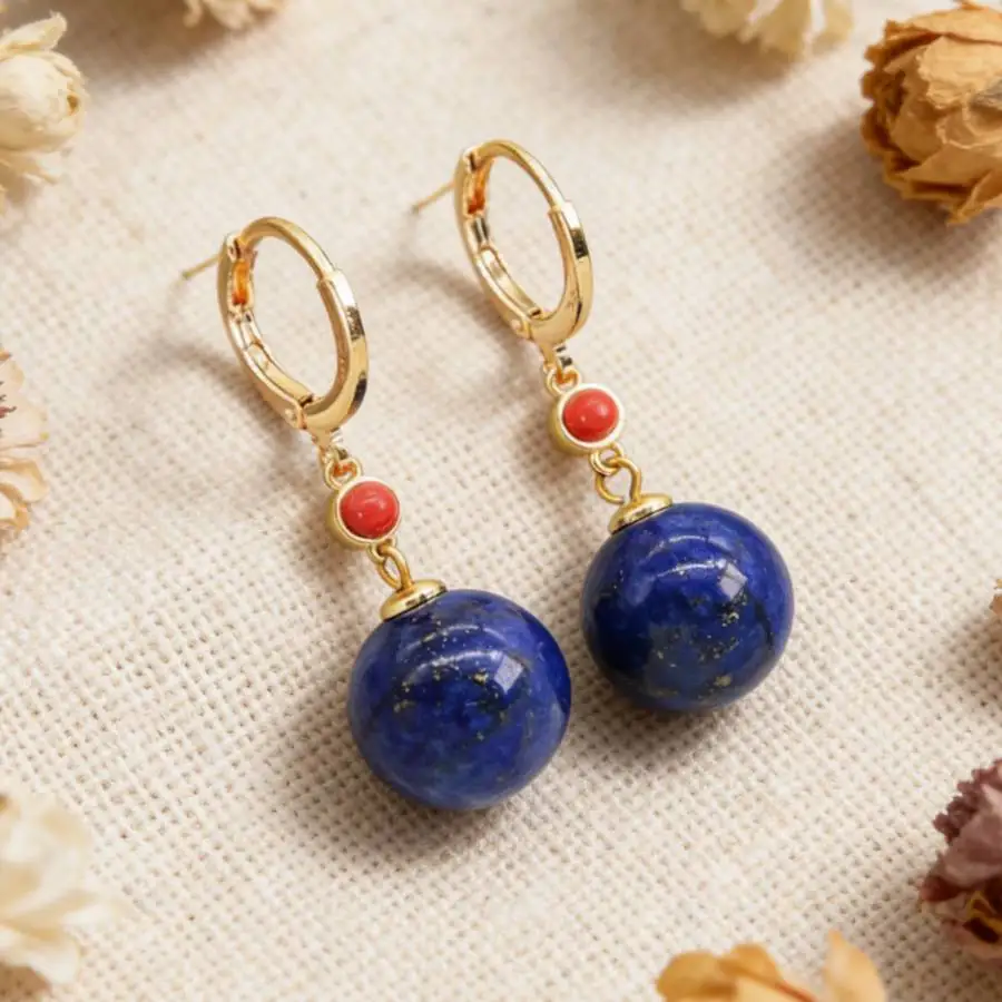 Pendientes de Aro con Lapislázuli Chapados en Oro para Mujer, con Cuentas Redondas de Lapislázuli Natural y Coral Rojo, Joyería de Piedras Preciosas, Regalo