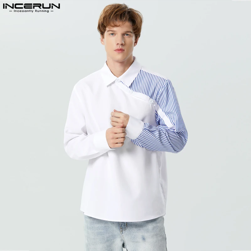 INCERUN 2023 Men Shirt Striped Patchwork Lapel Long Sleeve Casual Men Clothing Loose Streetwear Fashion Leisure Camisetas S-5XL