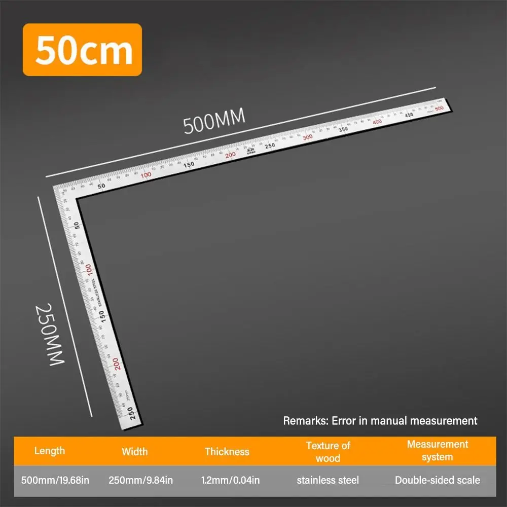 Double Sided Scale Angle Square Ruler Stainless Steel 30/50CM Right Angle Gauge Measuring Tool Triangle Ruler Woodworking