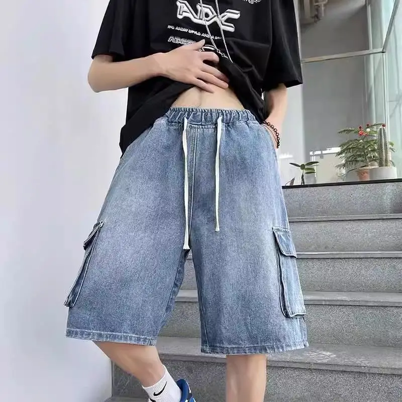 Cargo Retro Trousers 2024 Summer New Men's Elastic Low Waist Casual Patchwork Pockets Drawstring Trendy Loose Jeans Shorts