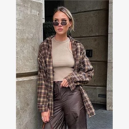 Feminino longo solto xadrez irt americano retro design camada base irt tecido de poliéster gola virada para baixo sve dr