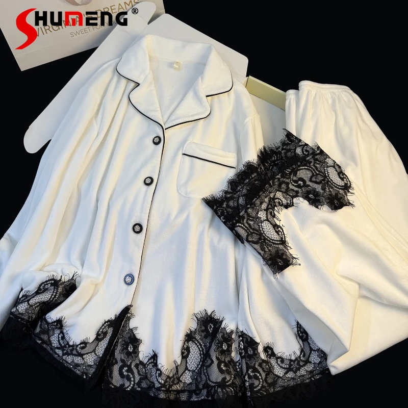 

French Style Lace Velvet Pajamas for Women Autumn Winter High End Warm Lounge Set Female Japanese Thickened Homewear Suit