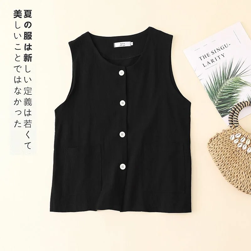 

Thin Black Beige Khaki Linen Vest For Women Summer O-neck Sleeveless Jacket Coat Vintage Button Cardigan Cover Ups Top