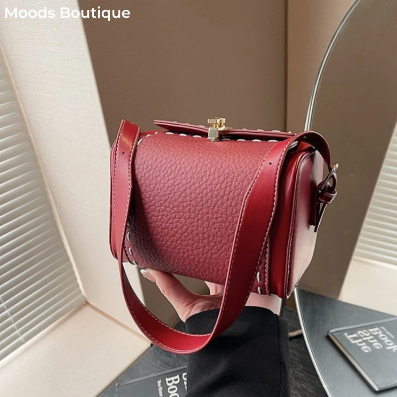 Lychee Pattern Box Shape Crossbody Bag For Women Dual Straps Mini Square Shoulder Bag Pure Color PU Leather Big Capacity Handbag