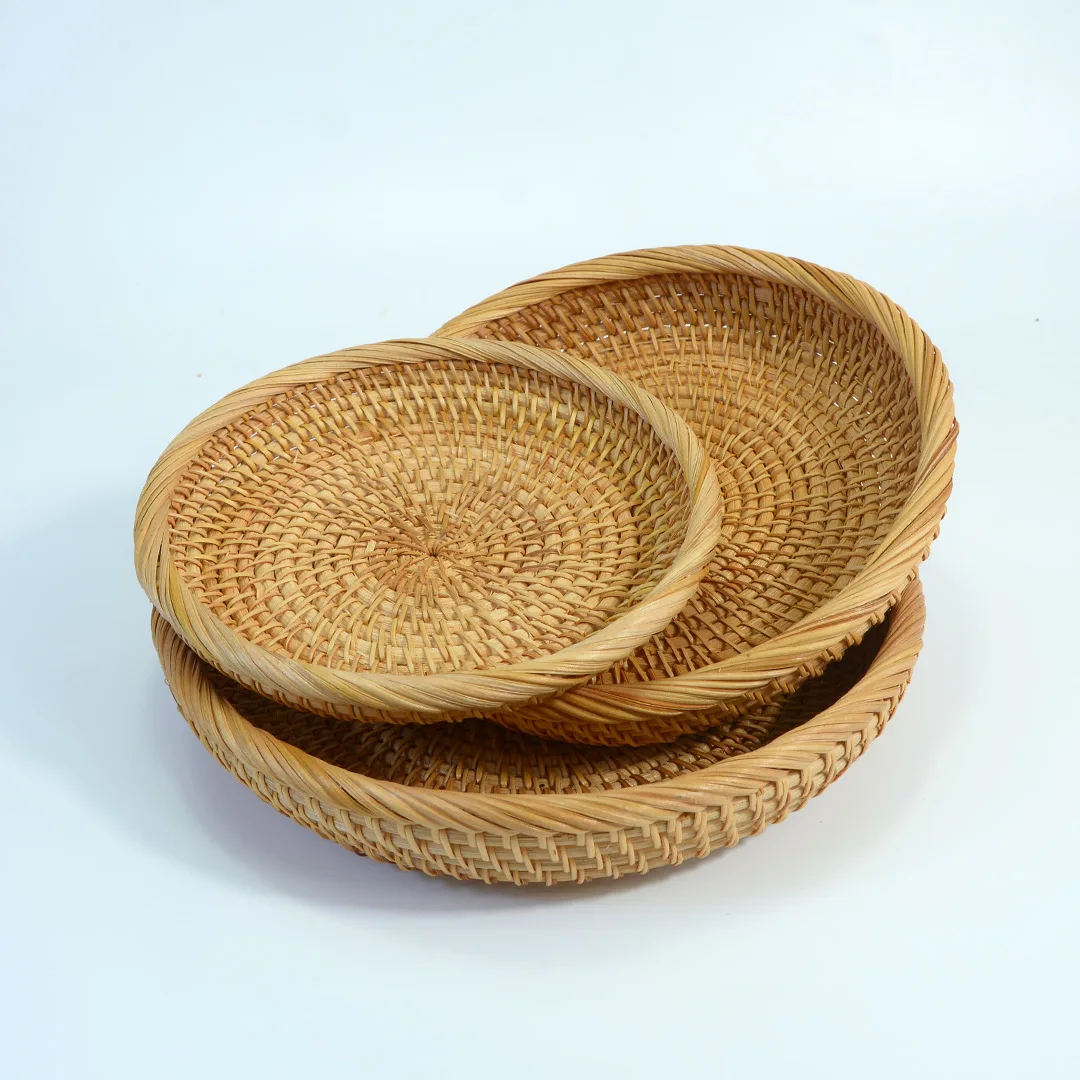 Handwoven Rattan Tray Fruit Basket Candy Storage Dish Bread Basket round Fruit Basin Vegetable Fruit Snack Storage Basket