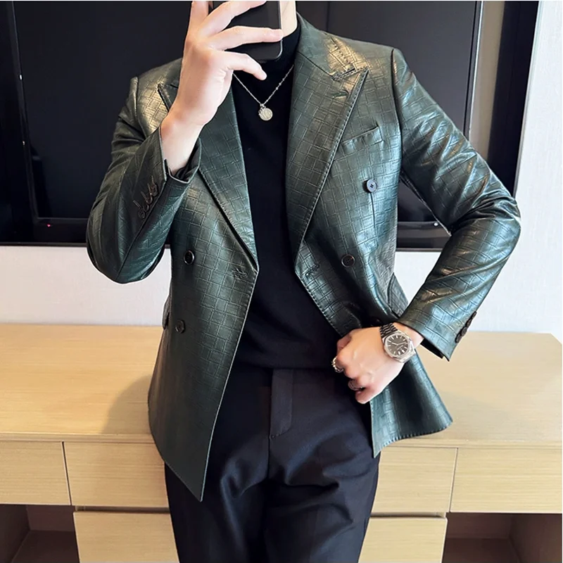 High Quality Square Grid Double Breasted Leather Jacket Fashion Business Slim Fit Casual Men Suit Blazer Tuxedos Men Clothing