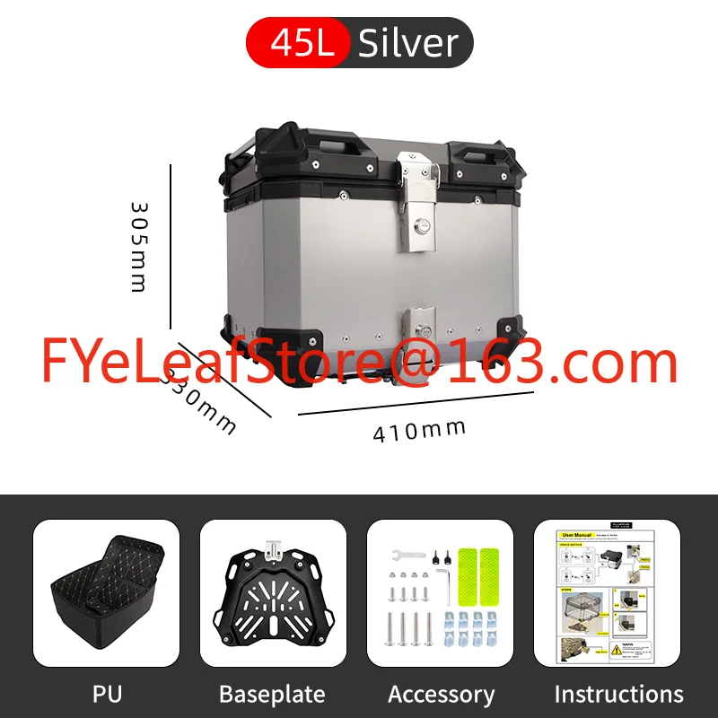 Coffre léger et Durable pour moto, 45l, boîtier supérieur universel en alliage d'aluminium pour boîtes arrière de moto