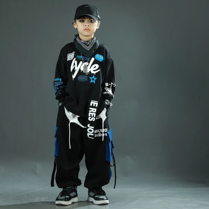 Neue Jungen Hip Hop Tanz Kleidung Set Schwarz Sweatshirt Casual Hosen Baggy Street Wear Gruppe Jazz Praxis Kleidung Leistung Anzug