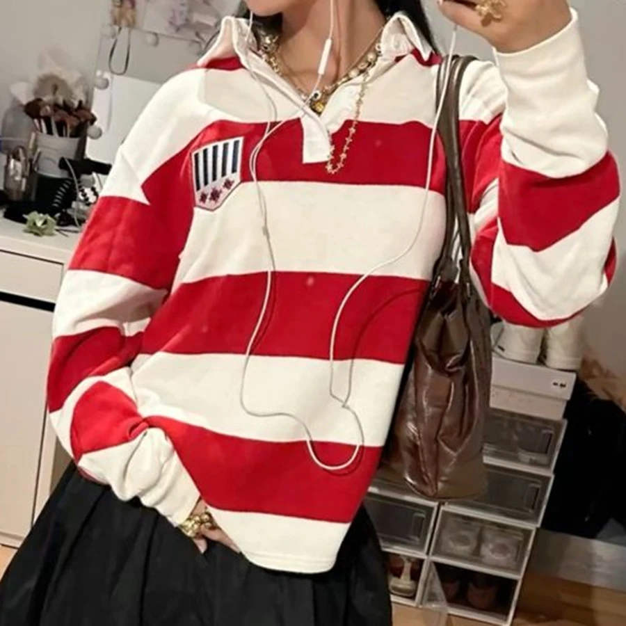 قمصان نسائية من Streetwear بياقة مقلوبة وأكمام طويلة مرقعة ملابس فضفاضة للخريف Y2K