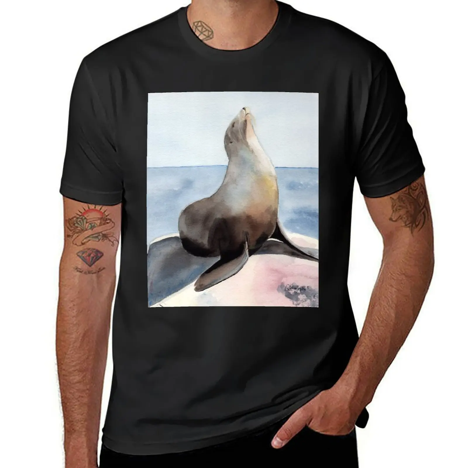 Sealion Watercolor T-Shirt boys animal print tees Blouse mens clothes