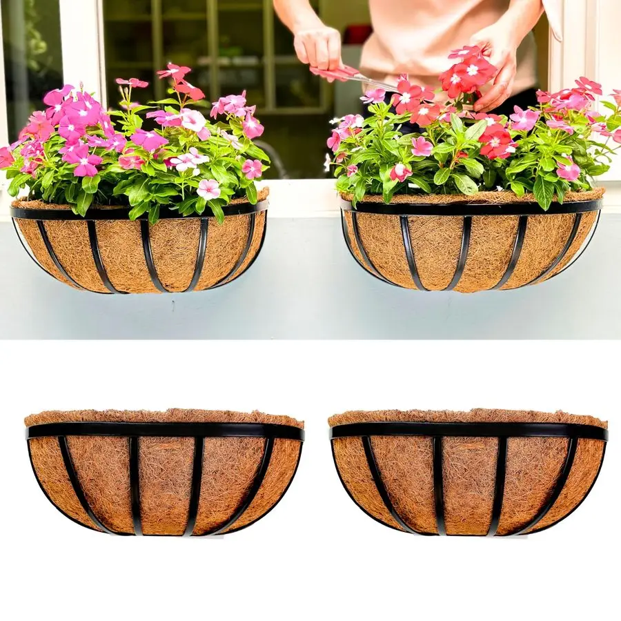 

Wall Planters 16 Inch, 2 Pack Deck Railing Planter Boxes for Outdoor Plants, Window Flower Box with Coco Liners Metal Horse Trou