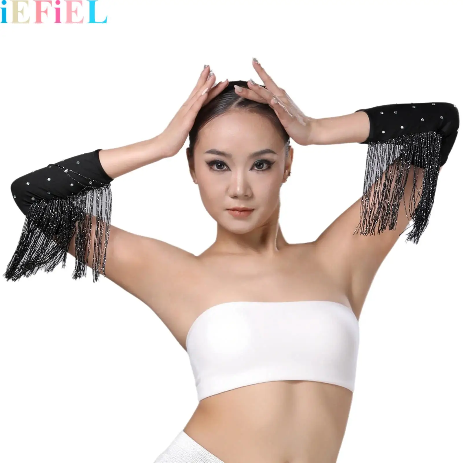 

Women Tassel Glitter Gloves Fringe Rhinestones Wrist Sleeves Tassel Glitter Gloves for Latin Dance Accessories