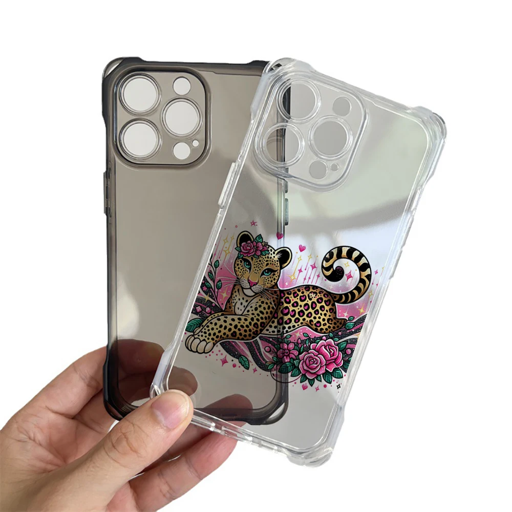 Beautiful leopard print Collection Suitable for iPhone 15 Case Portable Four Corner Drop Protection Equip with hanging rope B#