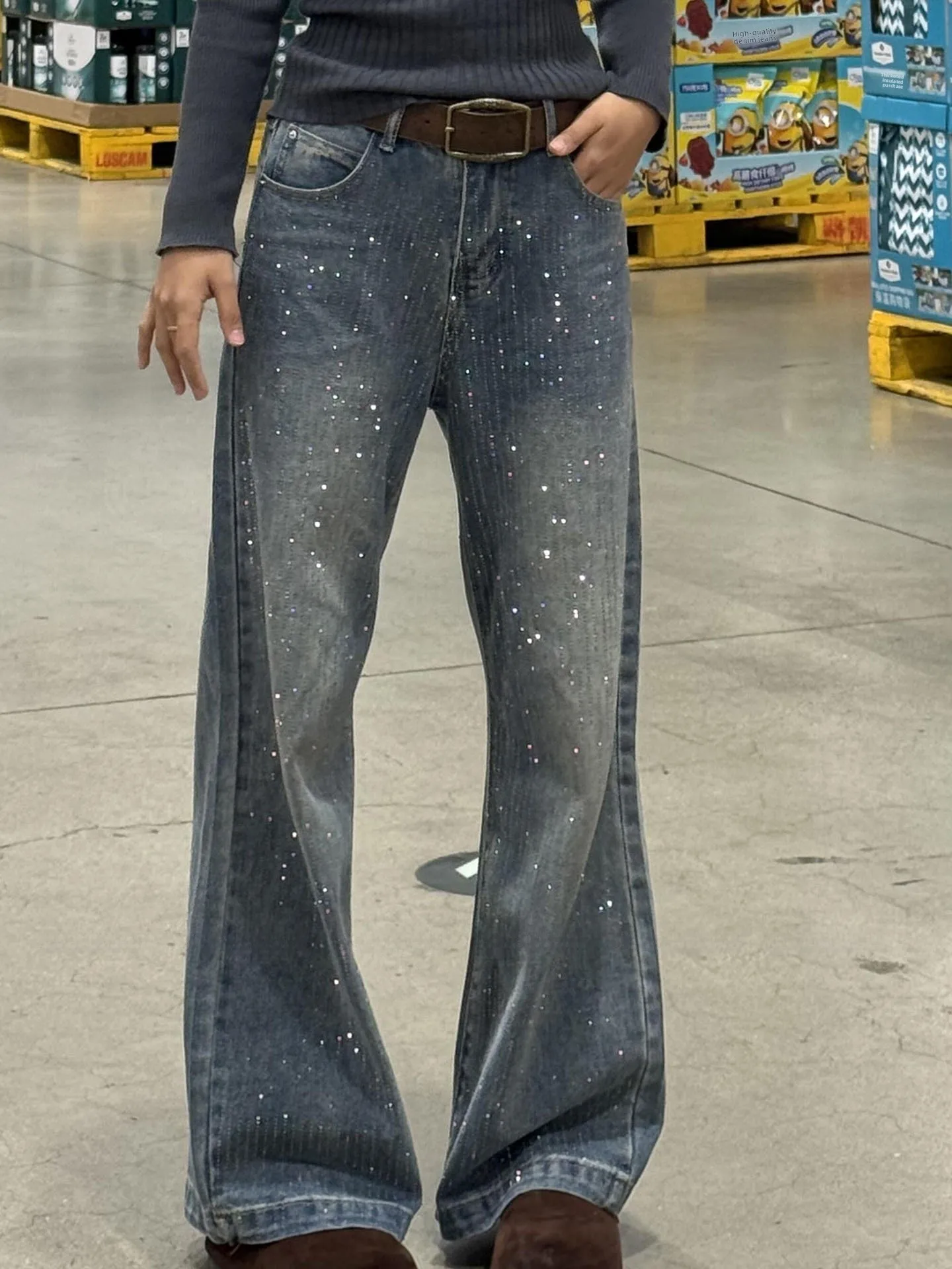 

Shiny All Night Long! Diamond Embellished Wide Leg Floor Length Jeans Women's 2026 Street Style Faded Washed Denim