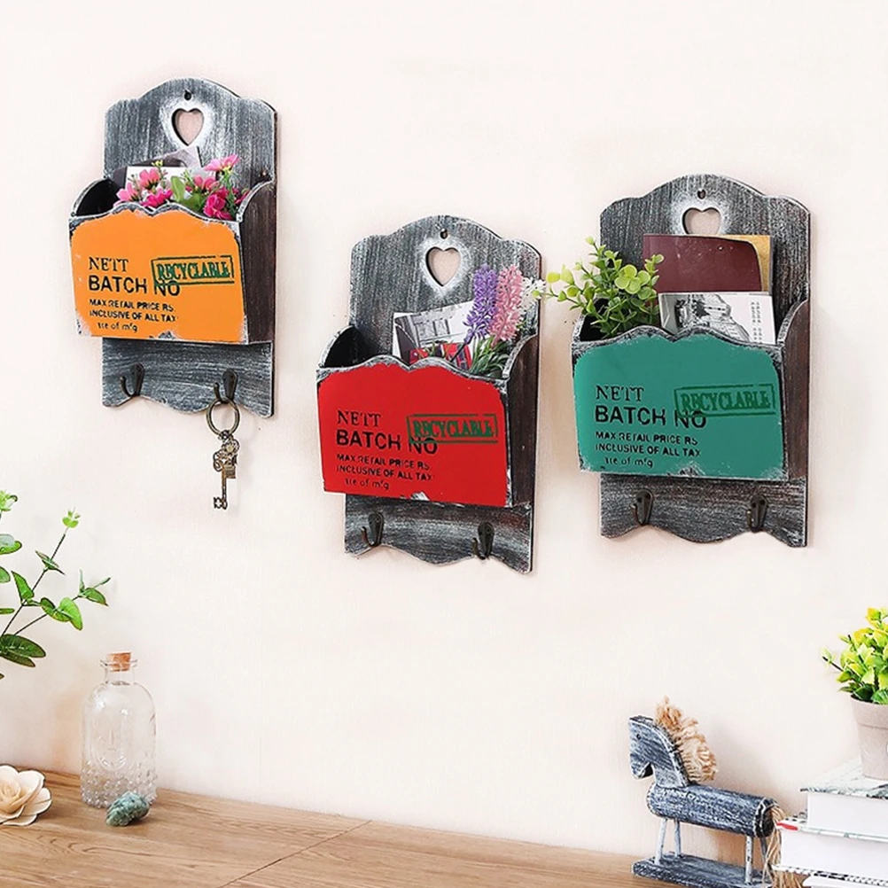 

Rustic Vintage Wooden Letter Box Hanging Organizer Red Flower Pot Key Rack Wall Storage Shelf for Home Office Decoration