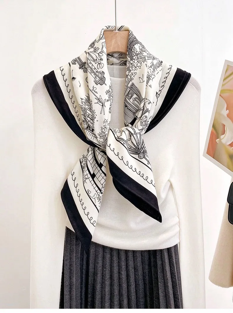 Vintage Black White Print Silk Wool Scarf for Women Large Square Bandana Soft Neck Shawl Elegant Fashion Accessory