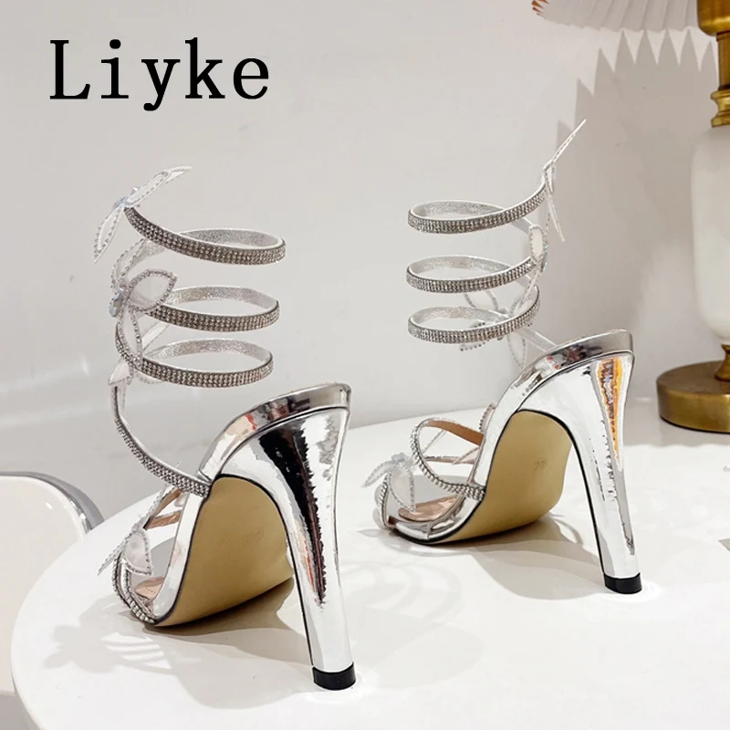 Liyke Brand Fashion Crystal Butterfly Women Sandals Black Silver Open Toe Rhinestone High Heels Wedding Banquet Shoes Sandalias