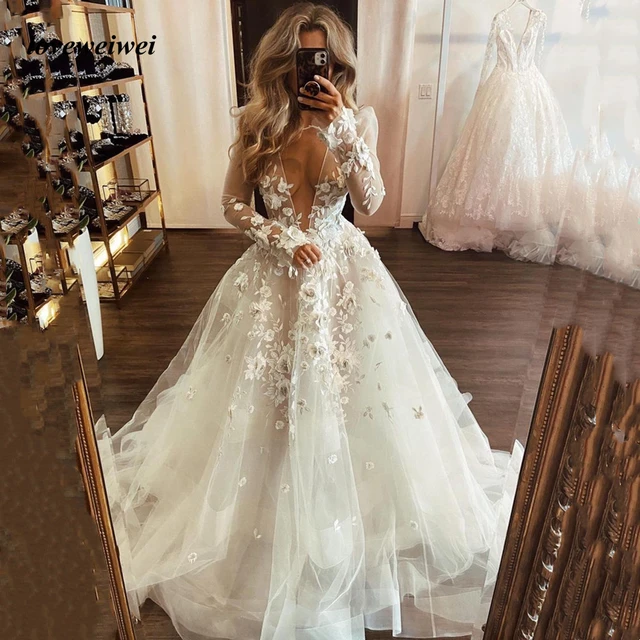 Loveiwei Robe De Mariee Ligne A Col En V En Tulle Manches Longues Tenue De Mariage Robes De Mariee AliExpress