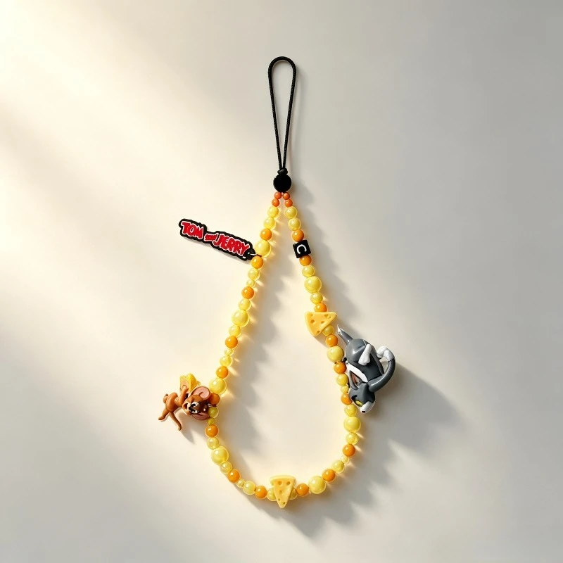 Hot Cute Cartoon Tom New and Jerry 3D Figurine Phone Lanyard Yellow Cheese Beaded Mobile Phone Strap Bag Hanging Charm