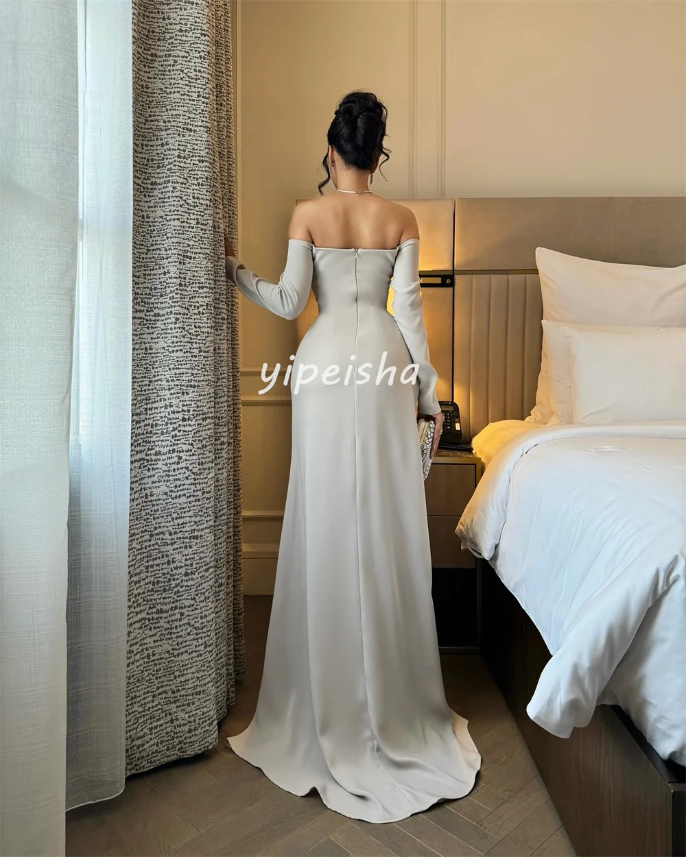 Customized Formal Modern Style Jersey Rhinestone Sequined A-line Off-the-shoulder Long Dresses Bespoke Occasion Dresses Elegant