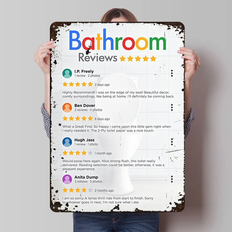 Funny Bathroom Reviews Tinplate Poster Custom Wall Art Vintage Metal Signs Retro Tin Plaque for Room Decoration Gaming Wand Deko
