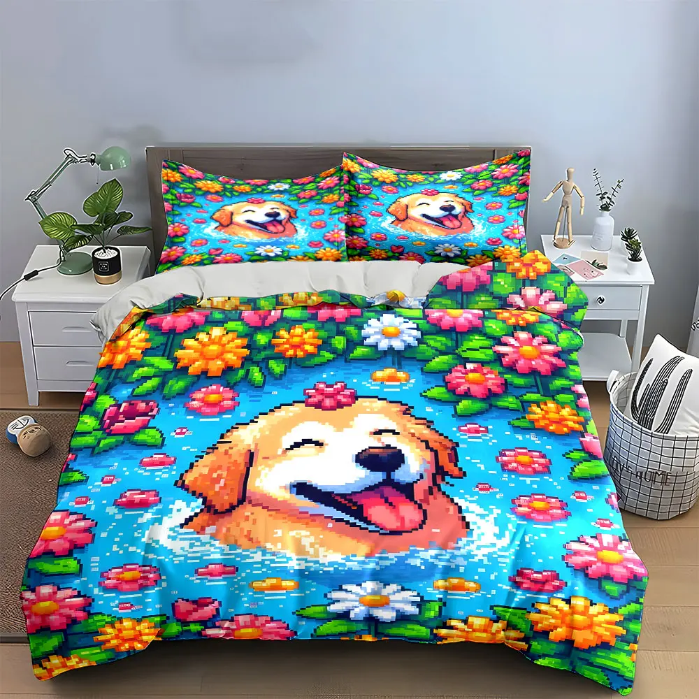 Pixel Golden Retriever Flower Pool Duvet Cover Set, Retro Game Kids Bedding Includes 1 Duvet Cover And 2 Pillowcase, Gift
