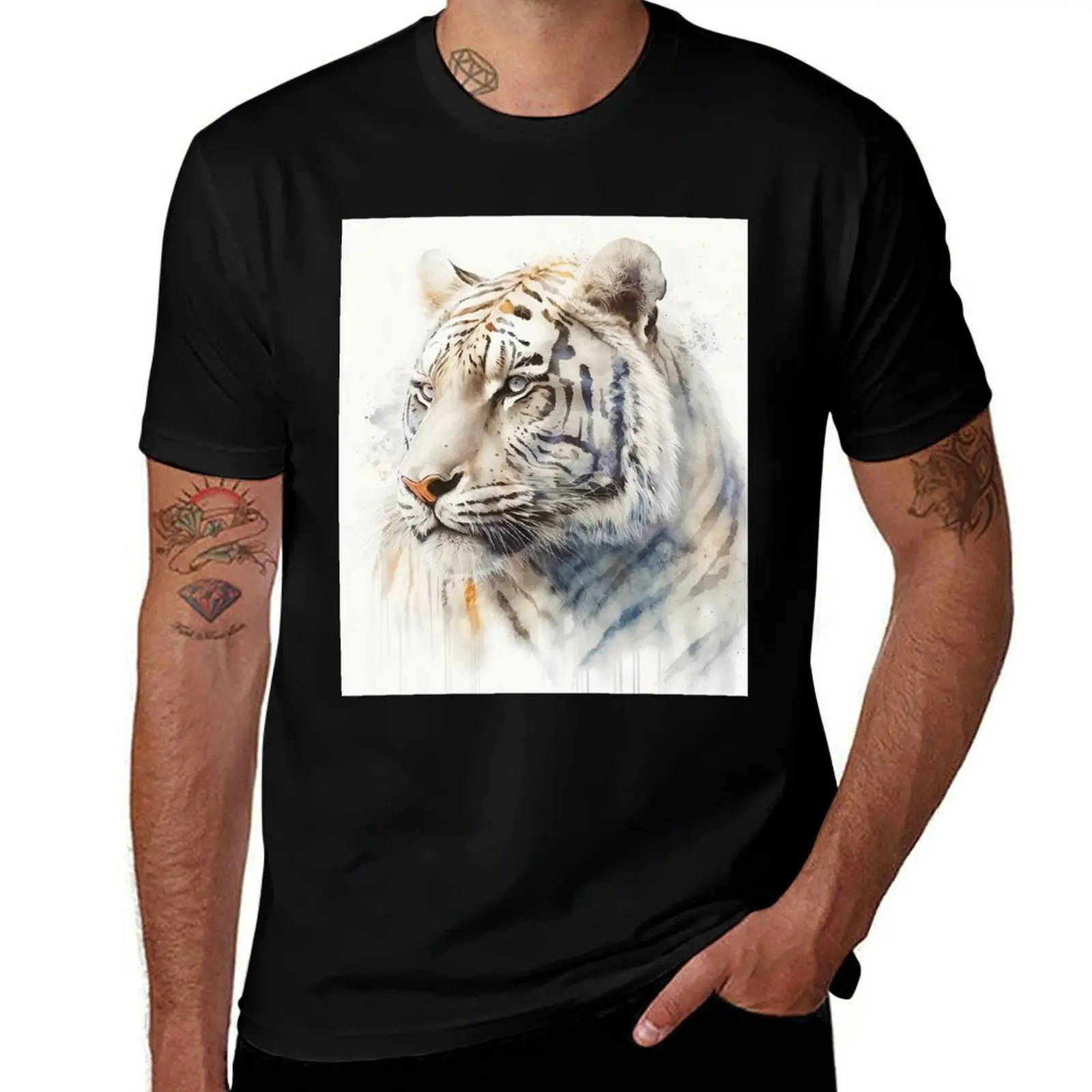 

White Siberian Tiger Watercolour Portrait T-Shirt kawaii clothes oversized men workout shirt