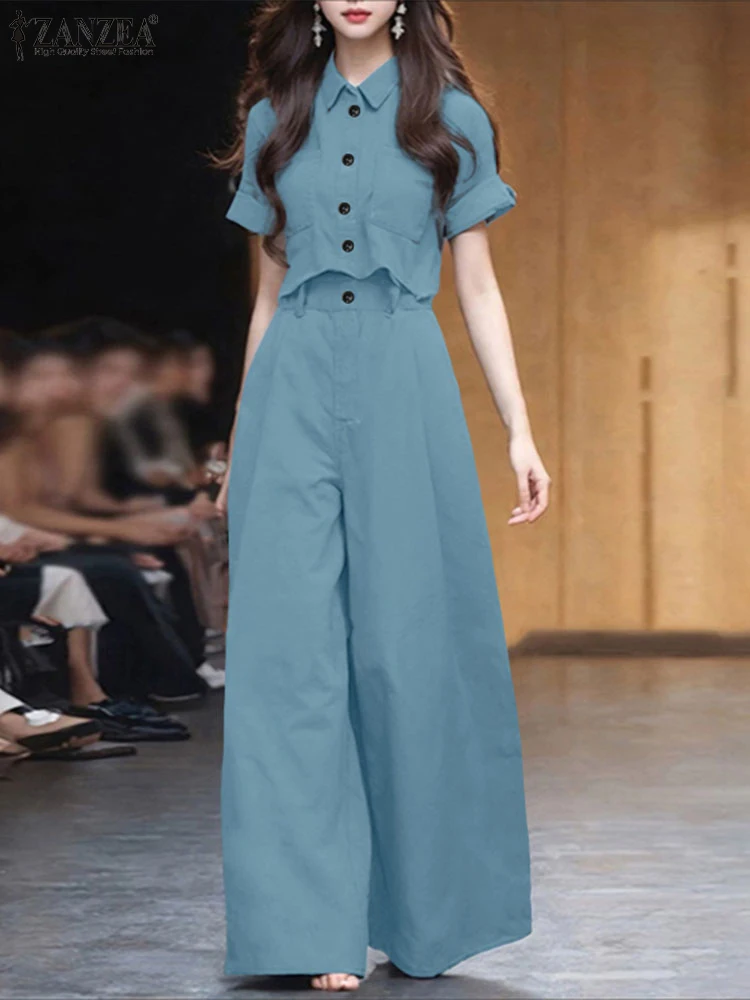 

ZANZEA Women Pant Sets 2025 Summer OL Two-piece Outfits Fashion Short Sleeve Shirts and High Waist Wide Leg Pants Suits 2PCS