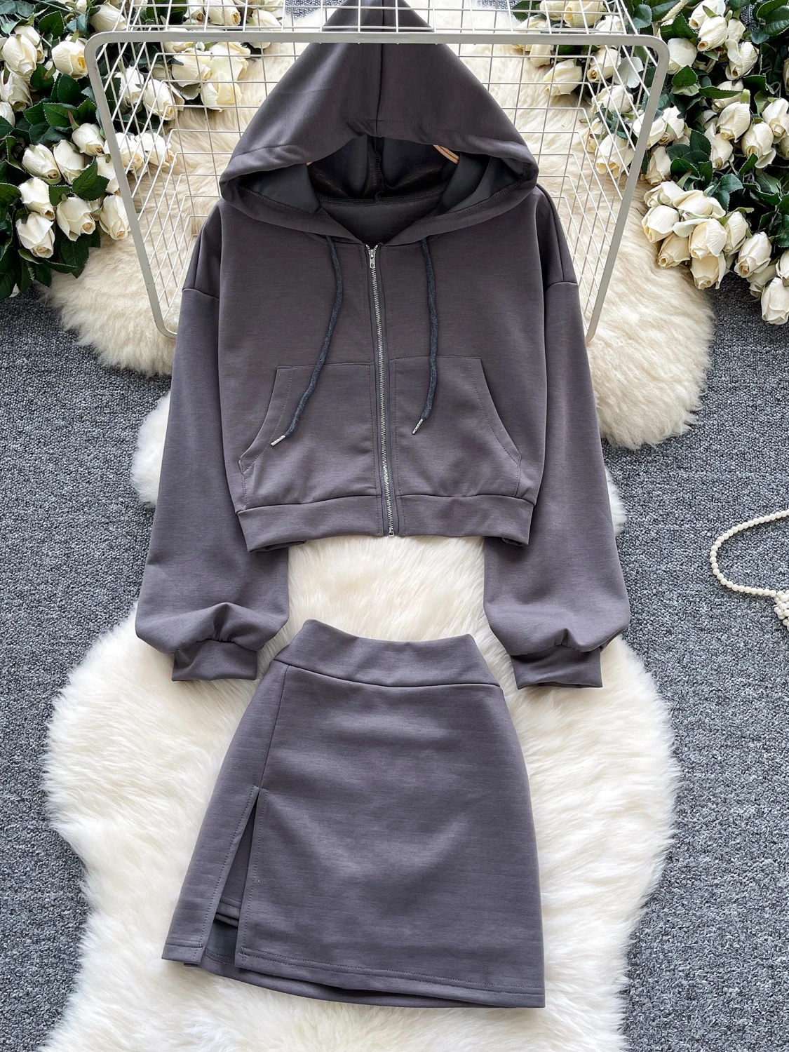 Conjunto de Dos Piezas para Mujer, Suda Informal con Cremallera y Falda Corta de Cintura Alta con Abertura, Estilo Versát...