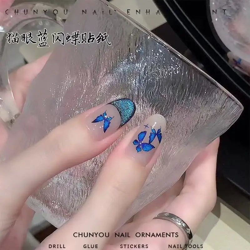 

Premium Retro Blue Butterfly Nail Stickers Flowing Sand Glitter 3D Embossed Self Adhesive Waterproof for Manicure Supplies