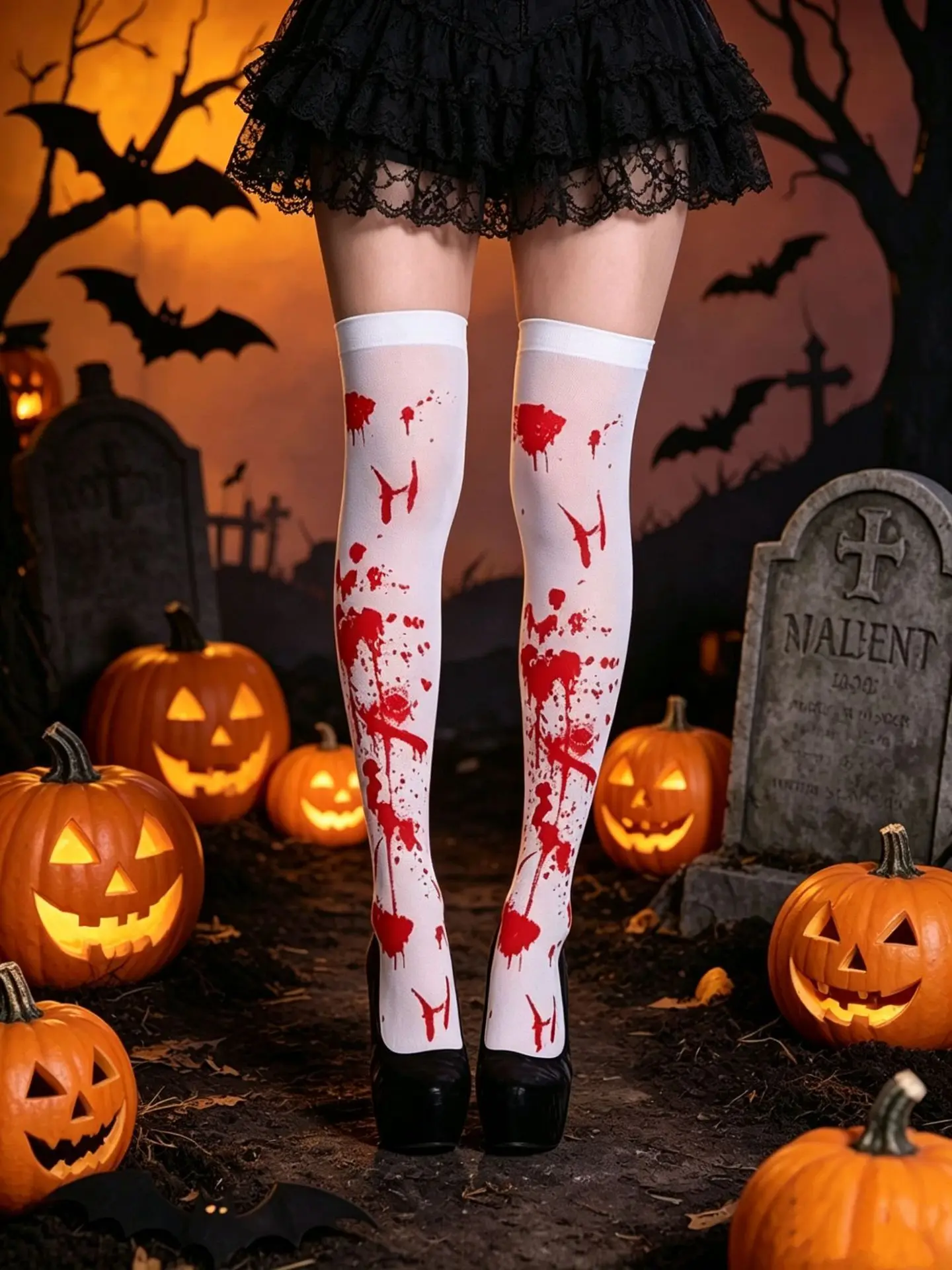 Women Nurse Cross Print Thigh High Socks White Over‑the‑Knee Stockings Halloween Cosplay Party Costume Long Hosiery