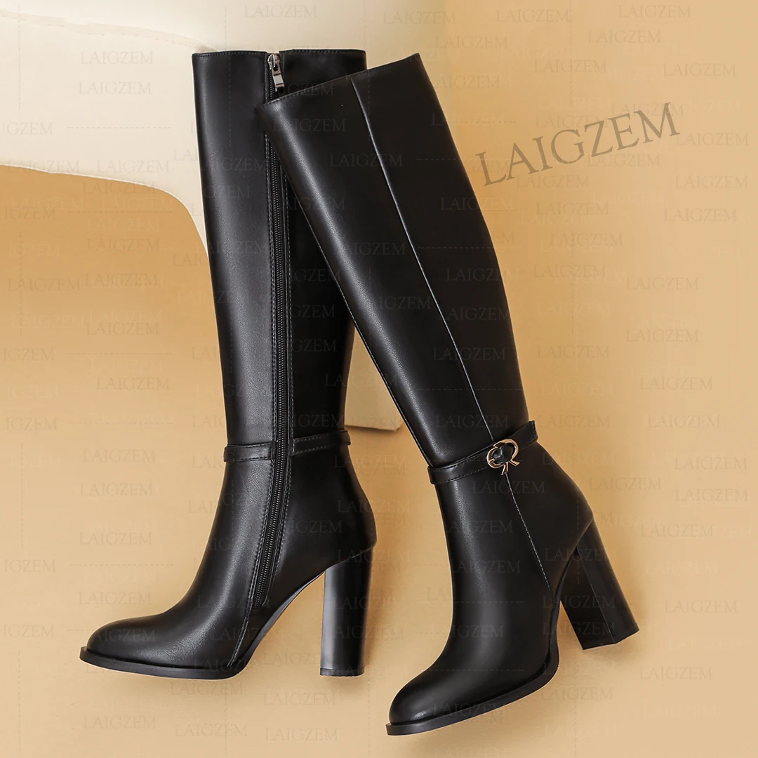 LAIGZEM kobiety buty do kolan prawdziwa skóra 8.5CM grube buty kwadratowe wysokie obcasy ręcznie robione damskie buty damskie duży rozmiar 38 41 43