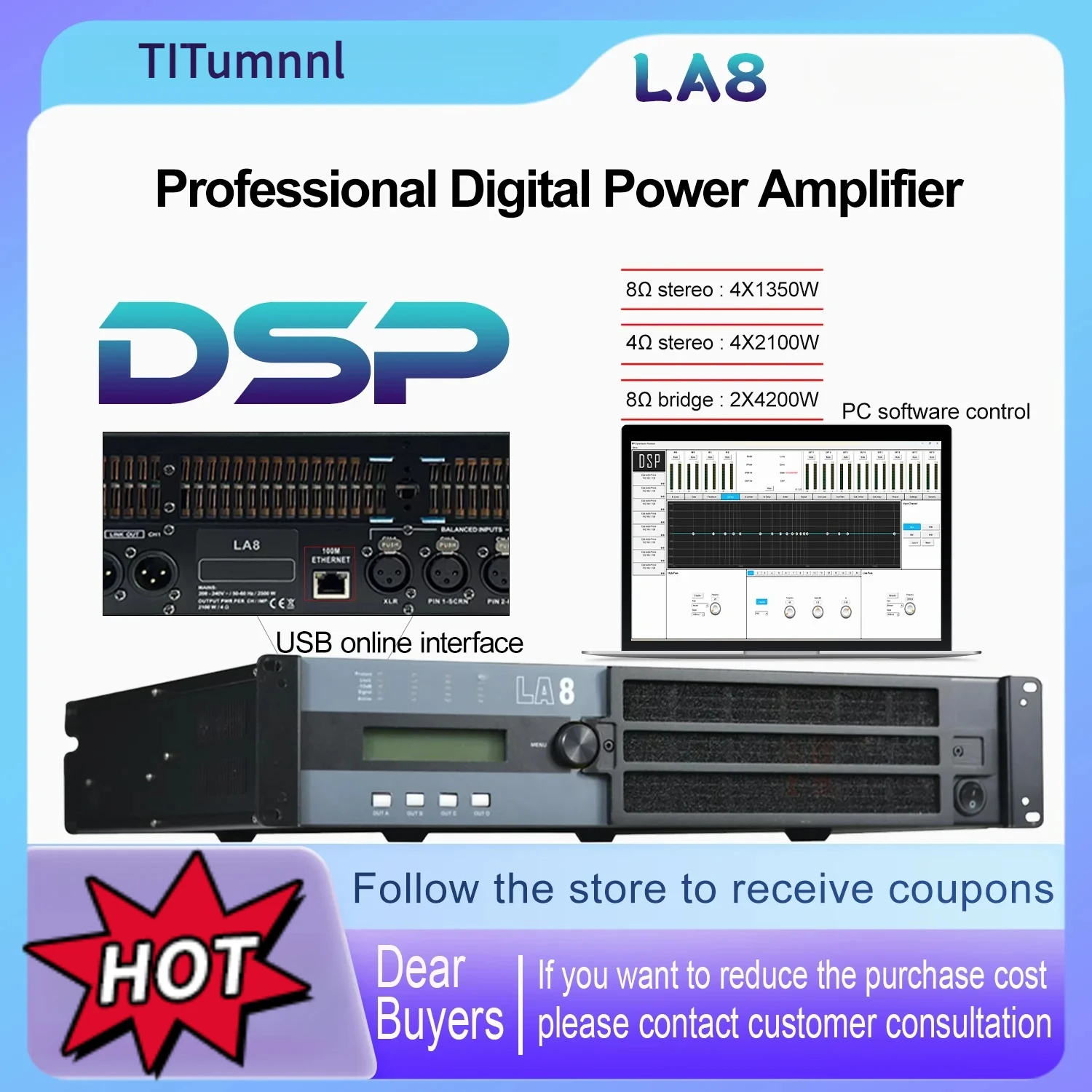 LA8 Amplificatore di potenza digitale professionale DSP 4x1500W 8OHM DJ Subwoofer Amplificatore Line Array Altoparlante Preamplificatore 4x2500W 4OHM