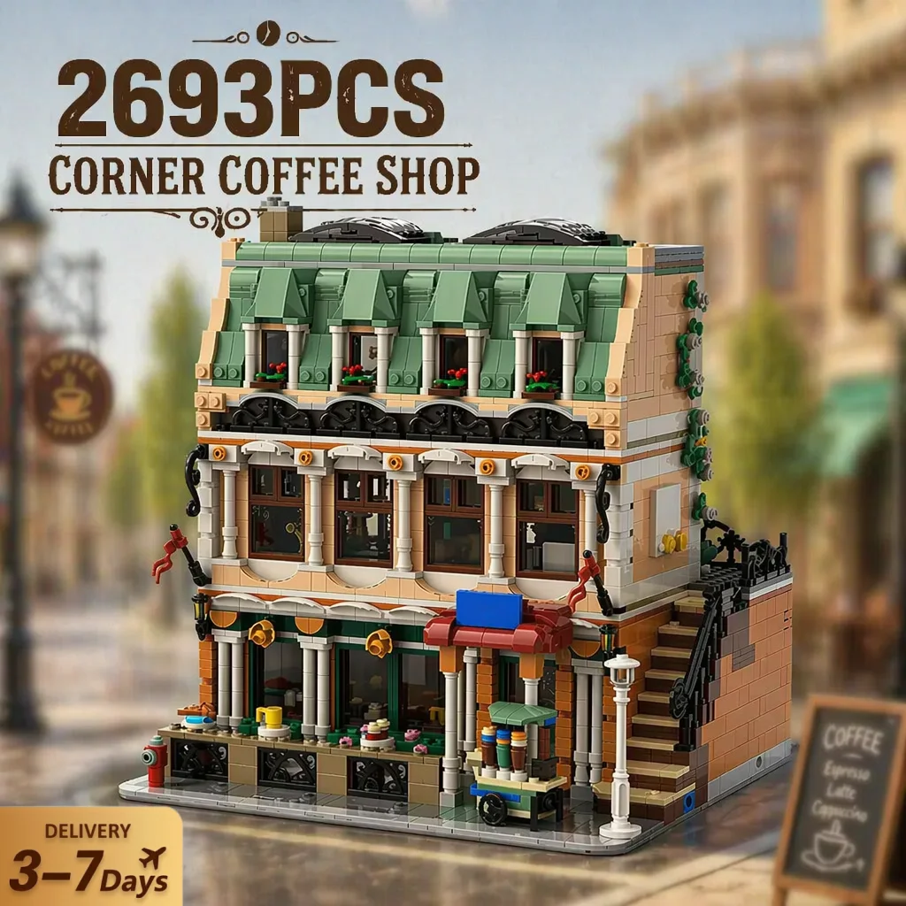 Klemmbausteine 2693-teiliger Eck-Café-Baukasten Stadtgeschäft Architektur MOC Modulares Montagemodell Bausteine Set Heimdekoration Kreatives Spielzeug Geschenke für Erwachsene