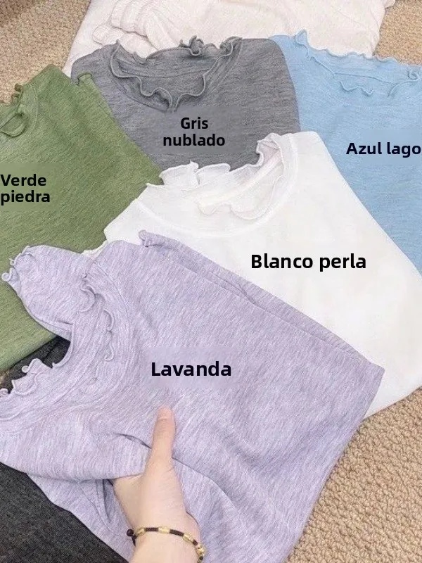 Camiseta de manga larga estilo coreano para mujer, camiseta base, ropa interior y exterior, con borde de veta de madera, anti...