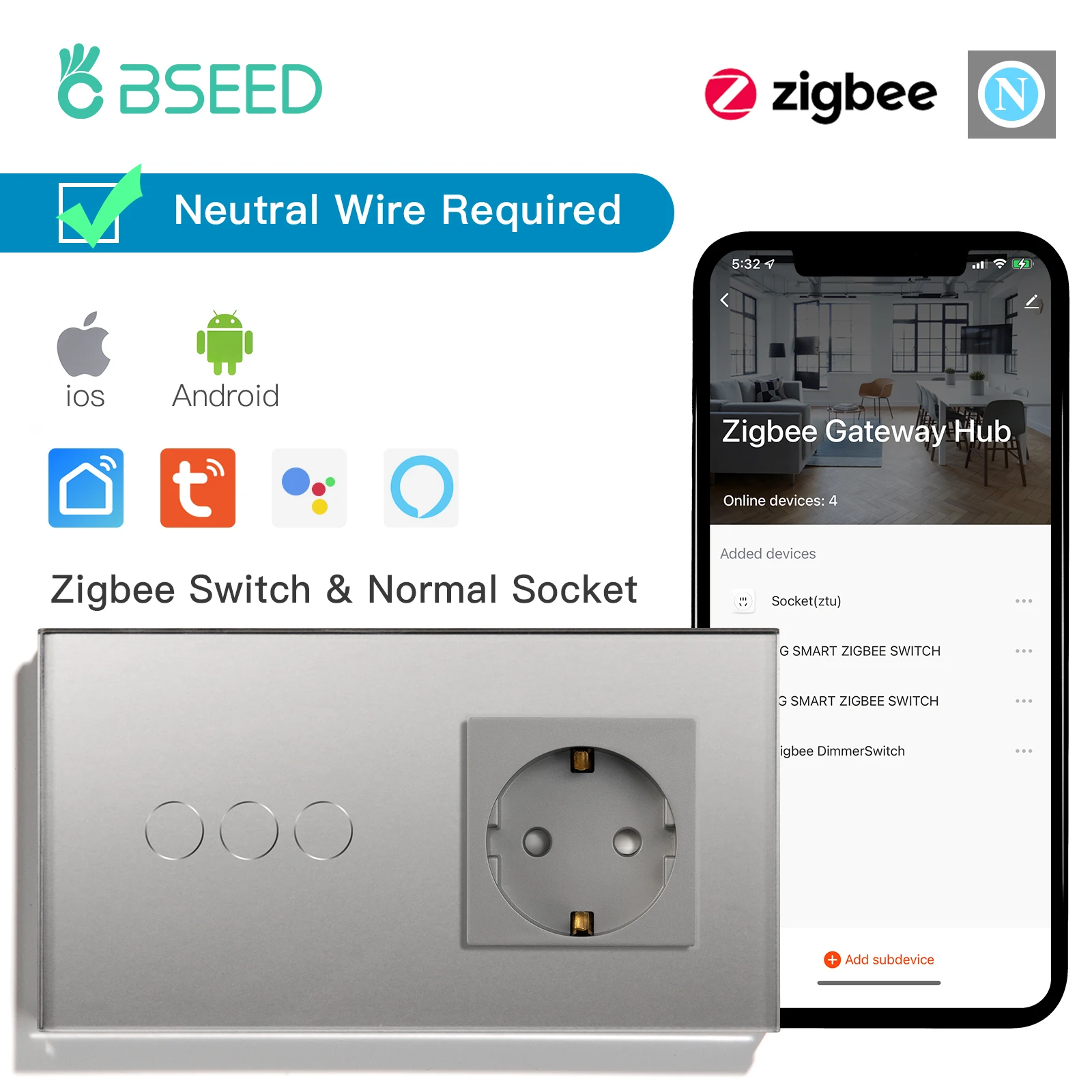 BSEED Zigbee 1/2/3Gang Touch Smart Switches 1/2/3Way Tuya Smart Life App-Steuerung mit EU-Wandsteckdosen, graue Serie 8