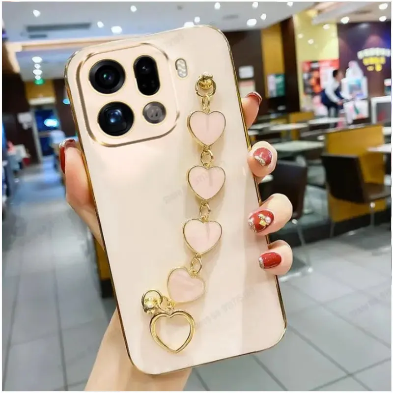 For OPPO Find X9 Pro Plating Silicone Love Heart Bracelet Chain Case For Find X9 X9Pro Soft TPU Shockproof Protection Cover