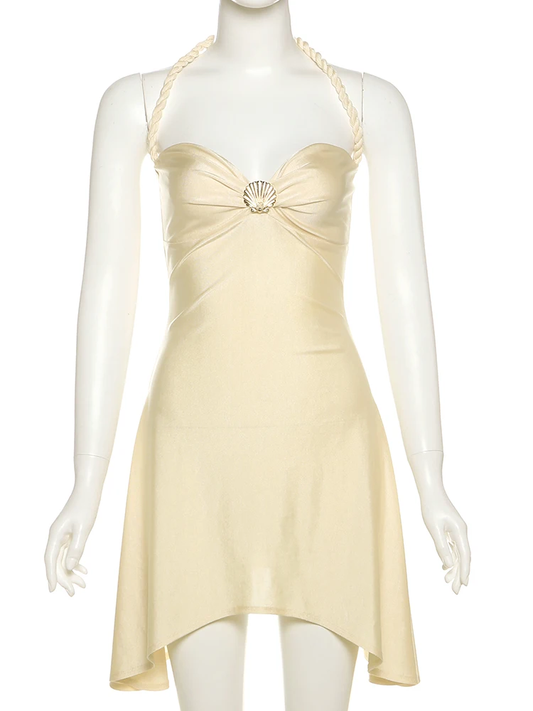 이상한 Puss Shell 메탈 새틴 드레스 여성 Y2K Plait Halter 섹시한 로우 넥 불규칙한 백리스 민소매 Ruched Summer Mini Bodycon