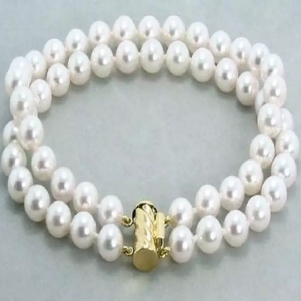 Two natural AAA 7-8 mm white Akoya pearl bracelet 7.5-8 inch14k gold buckle 8-9mm